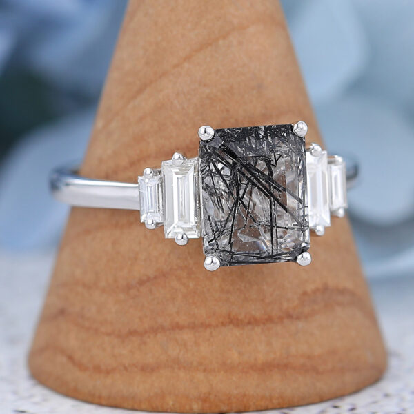AMANDAFINEJEWELRY White Gold Emerald Cut Black Rutilated Quartz Engagement Ring -3