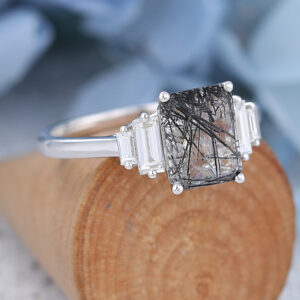 AMANDAFINEJEWELRY White Gold Emerald Cut Black Rutilated Quartz Engagement Ring -4