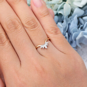 Curved Wedding Band Yellow Gold Marquise Moissanite Vintage Bridal Ring