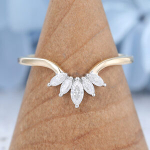 Marquise Moissanite curved wedding band Yellow gold wedding band Vintage Diamond Matching Stacking Bridal ring promise