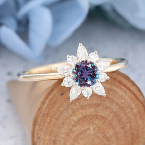 Alexandrite Vintage Flower Diamond Cluster Ring Rose Gold Engagement Ring