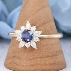 Alexandrite Vintage Flower Diamond Cluster Ring Rose Gold Engagement Ring2