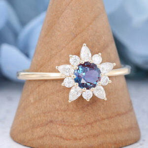 Alexandrite Vintage Flower Diamond Cluster Ring Rose Gold Engagement Ring3