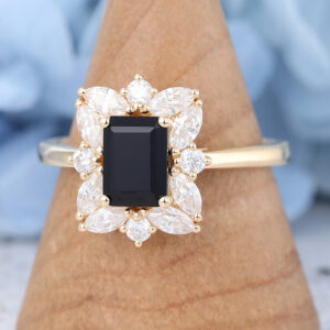 Amandafine yellow gold emerald cut black onyx engagement ring-2