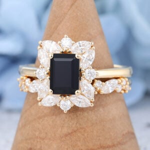 Amandafine yellow gold emerald cut black onyx engagement ring set-2