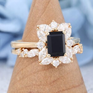 Amandafine yellow gold emerald cut black onyx engagement ring set-3
