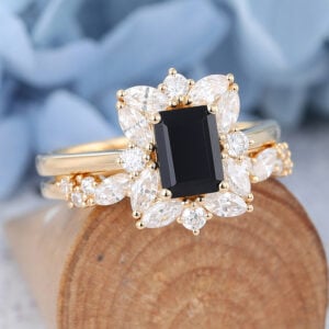 Amandafine yellow gold emerald cut black onyx engagement ring set-4