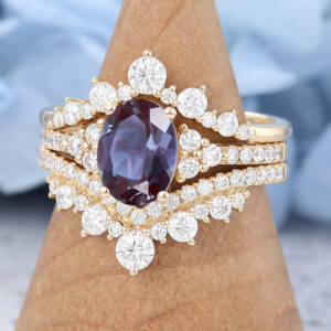Amandafinejewelry 3PCS Yellow Gold Oval Cut Lab Alexandrite Eneagement Ring Set -2