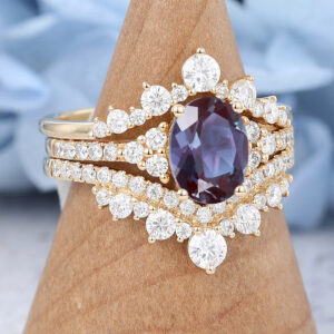 Amandafinejewelry 3PCS Yellow Gold Oval Cut Lab Alexandrite Eneagement Ring Set -3