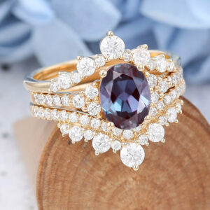 Amandafinejewelry 3PCS Yellow Gold Oval Cut Lab Alexandrite Eneagement Ring Set -4