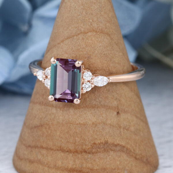Cluster Rose Gold Emerald Cut Alexandrite Engagement Ring