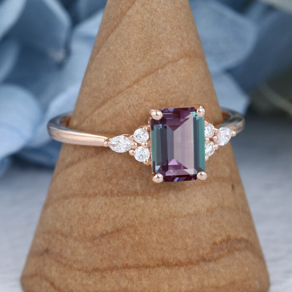 Cluster Rose Gold Emerald Cut Alexandrite Engagement Ring
