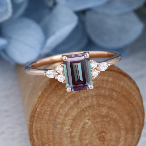 Cluster Rose Gold Emerald Cut Alexandrite Engagement Ring