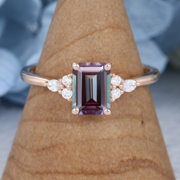 Cluster Rose Gold Emerald Cut Alexandrite Engagement Ring