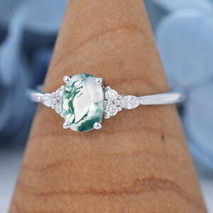 Amandafinejewelry White Gold Oval Cut Moss Agate Engagement Ring -2