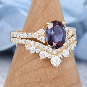 Amandafinejewelry Yellow Gold Oval Cut Lab Alexandrite Eneagement Ring Set -3