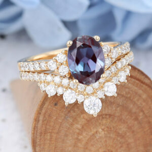 Amandafinejewelry Yellow Gold Oval Cut Lab Alexandrite Eneagement Ring Set -4