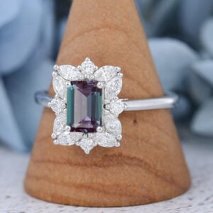 Emerald Cut Alexandrite Engagement Ring Vintage Cluster Bridal Ring White Gold1