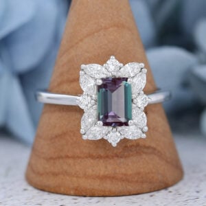 Emerald Cut Alexandrite Engagement Ring Vintage Cluster Bridal Ring White Gold2