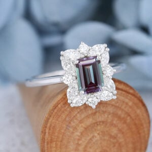 Emerald Cut Alexandrite Engagement Ring Vintage Cluster Bridal Ring White Gold3