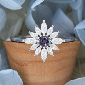 Halo Flower Lab Alexandrite Engagement Ring White Gold Vintage Unique Engagement Cluster Ring