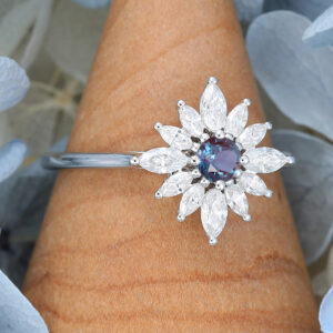 Halo Flower Lab Alexandrite Engagement Ring White Gold Vintage Unique Engagement Cluster Ring1