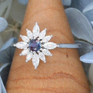 Halo Flower Lab Alexandrite Engagement Ring White Gold Vintage Unique Engagement Cluster Ring3