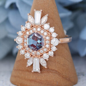 Hexagon Cut Lab Alexandrite Rose Gold Engagement Ring2