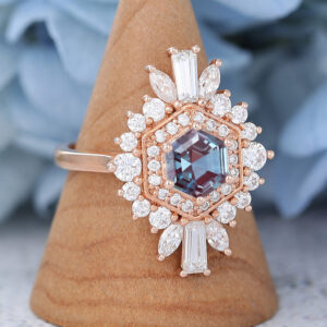 Hexagon Cut Lab Alexandrite Rose Gold Engagement Ring3