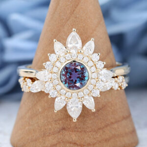 10K Rose Gold Halo Cluster Alexandrite Engagement Ring Set
