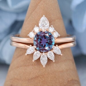 Vintage Rose Gold Cluster Alexandrite Engagement Ring Set
