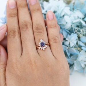 Vintage Rose Gold Cluster Alexandrite Engagement Ring Set