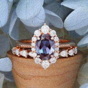 Lab Alexandrite Unique Cluster Engagement Ring Half Eternity Pear Shaped Bridal Set