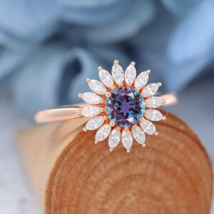 Lab Alexandrite Vintage Halo Engagement Ring