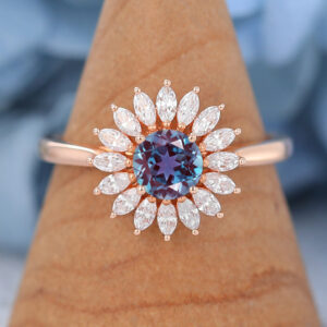 Unique Rose Gold Women Flower Lab Alexandrite Wedding Rings