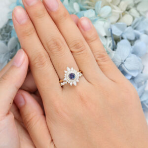 10K Rose Gold Halo Cluster Alexandrite Engagement Ring Set