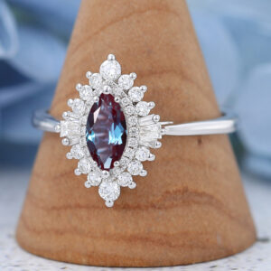 Marquise Lab Alexandrite Vintage Unique White Gold Engagement Ring 3
