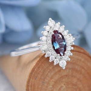 Marquise Lab Alexandrite Vintage Unique White Gold Engagement Ring 4
