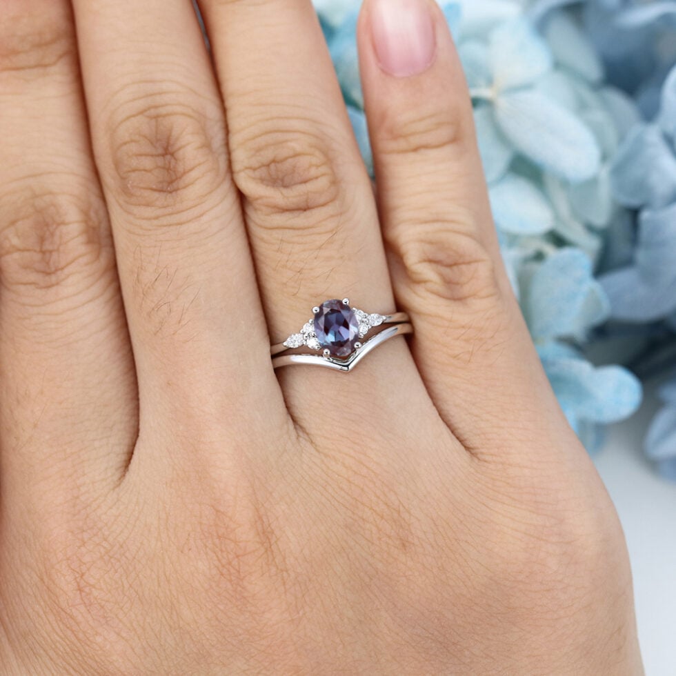 Oval Cut Lab White Gold Alexandrite Engagement Ring set