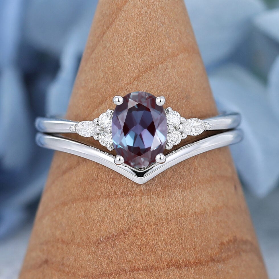 Oval Cut Lab White Gold Alexandrite Engagement Ring set