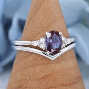 Oval Cut Lab Alexandrite Engagement Ring Set White Gold Bridal Promise gift3