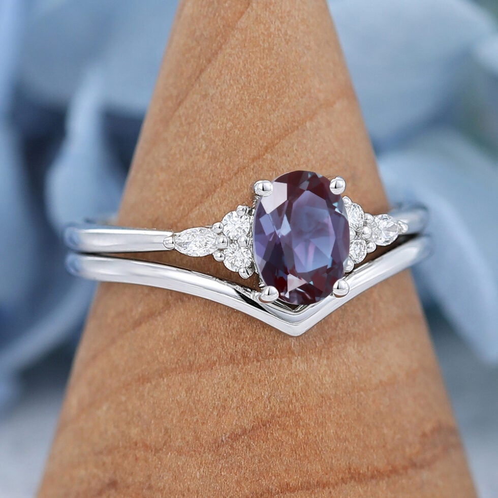 Oval Cut Lab White Gold Alexandrite Engagement Ring set