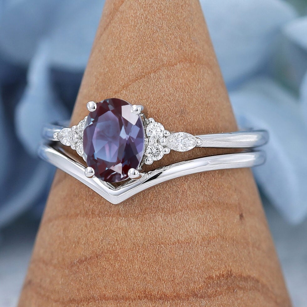Oval Cut Lab White Gold Alexandrite Engagement Ring set