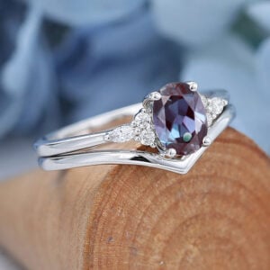 Oval Cut Lab Alexandrite Engagement Ring Set White Gold Bridal Promise gift5