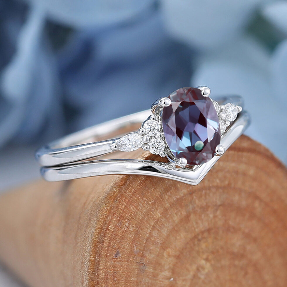 Oval Cut Lab White Gold Alexandrite Engagement Ring set