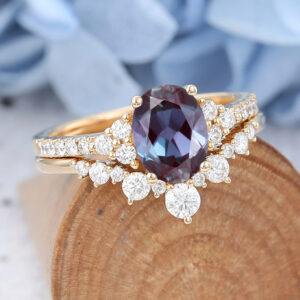 Oval Cut Lab Alexandrite Vintage Cluster Yellow Gold Ring Set Half Eternity Diamond Bridal Set