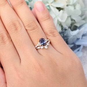 Cluster Yellow Gold Lab Oval Alexandrite Engagement Ring Set