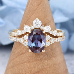 Cluster Yellow Gold Lab Oval Alexandrite Engagement Ring Set