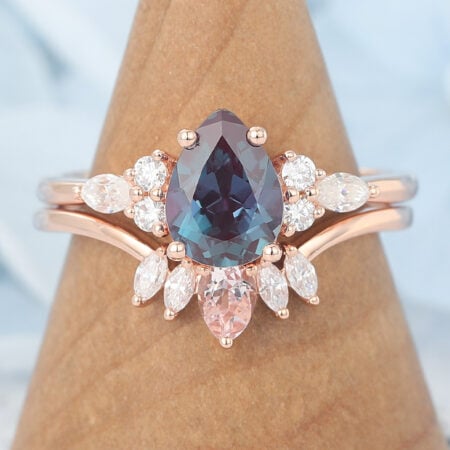 Pear Shaped Lab Alexandrite Engagement Ring Set Rose Gold Moissanite Cluster Ring