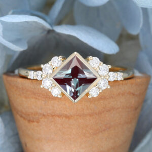 Princess Cut Lab Alexandrite Engagement Ring Yellow Gold Unique Diamond Cluster Vintage Bridal Promise Anniversary